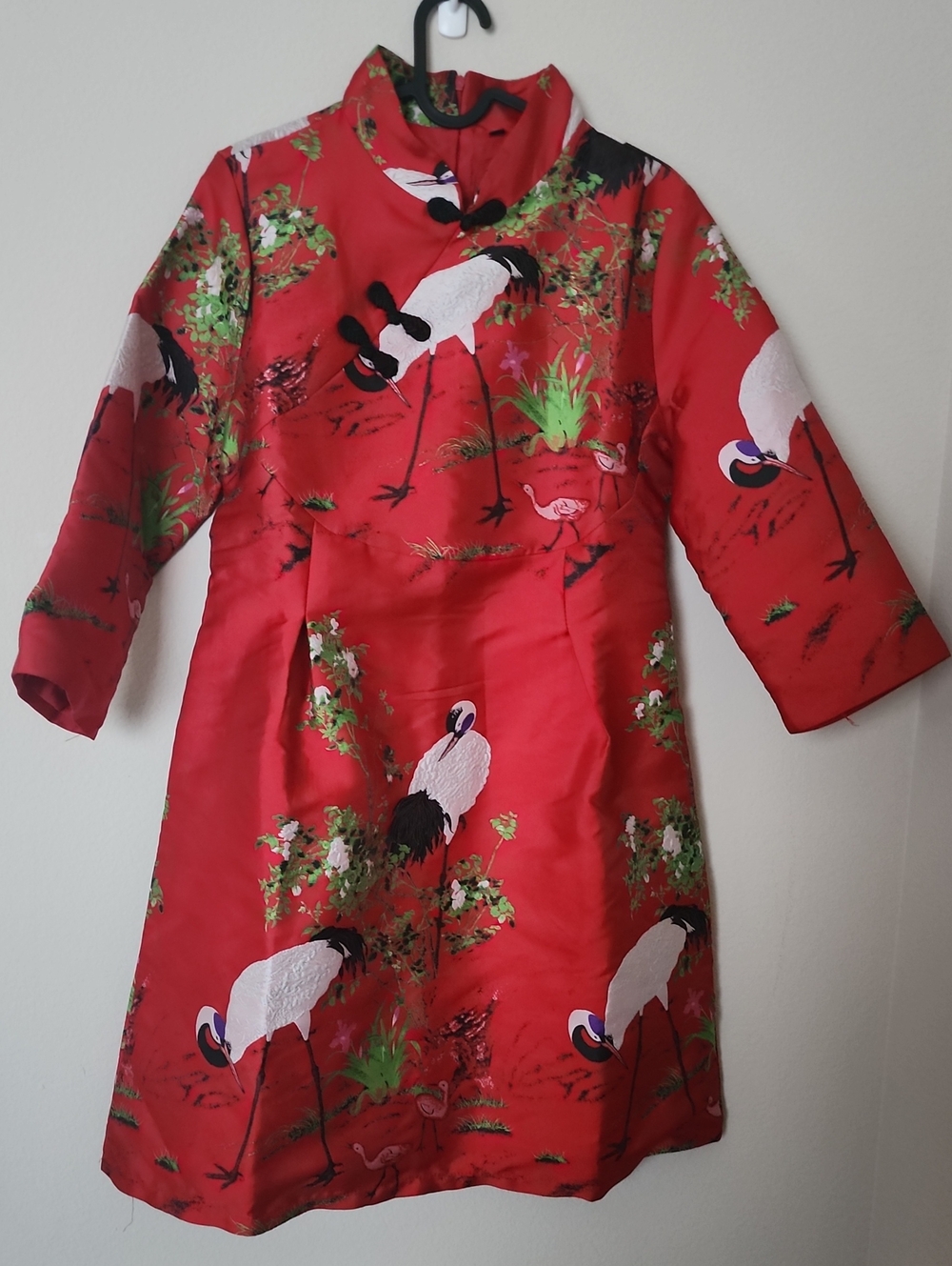 Red Qipao Crane Embroidered Print Shift Dress